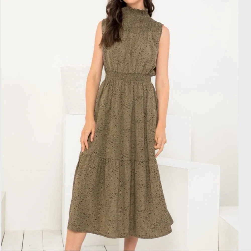 THML Printed Sleeveless Midi Dress S High Smocked Neck Olive